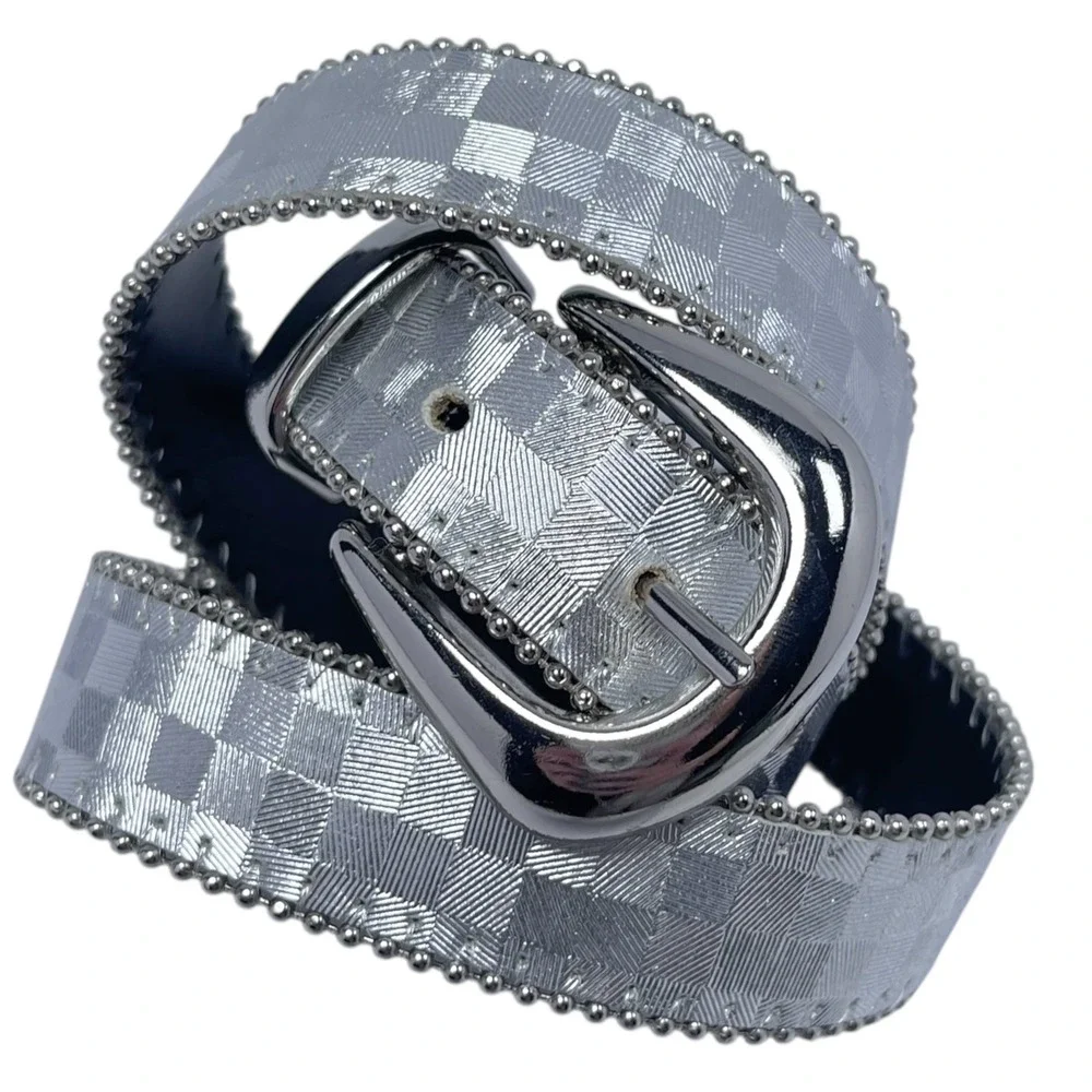 VTG Elite USA Silver Metallic Checkered Belt Disco Y2K Geometric‎ Sz Small Punk